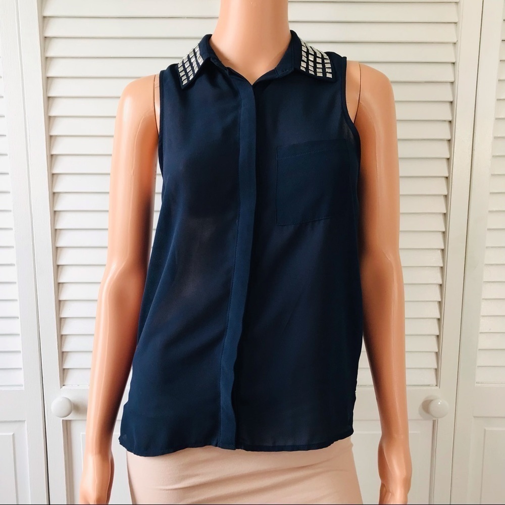 3/$25 KATIE K Navy Blue Sheer Sleeveless Button Down Shirt Size Extra Small